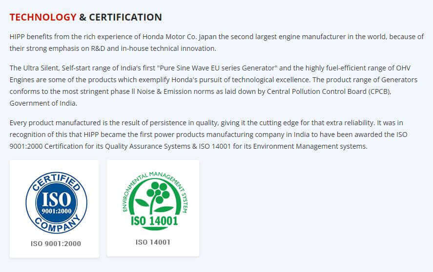 ISO 9001:2000 and ISO 14001 certification badges for Honda Motor Co.'s generator products.
