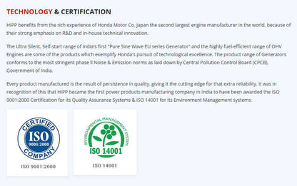 ISO 9001:2000 and ISO 14001 certification badges for Honda Motor Co.'s generator products.