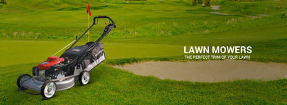 Honda HRJ 216 K3 TW lawn mower on green lawn, showcasing efficient cutting with professional landscaping features.